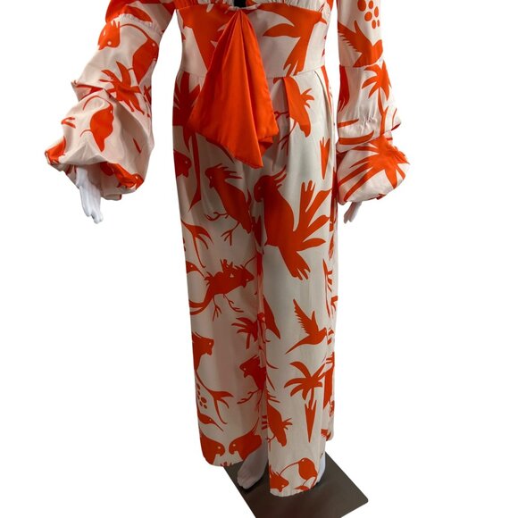 OC Order Womens S Poet Sleeve Bird Print Jumpsuit Deep Neck Wide Leg Resort Wear - Picture 6 of 16